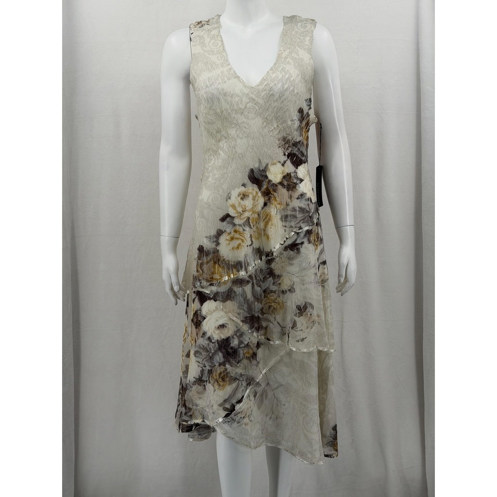 Komarov Dress Women XL Beige Floral Mist Pleated Asymmetrical Crinkle Dainty NWT